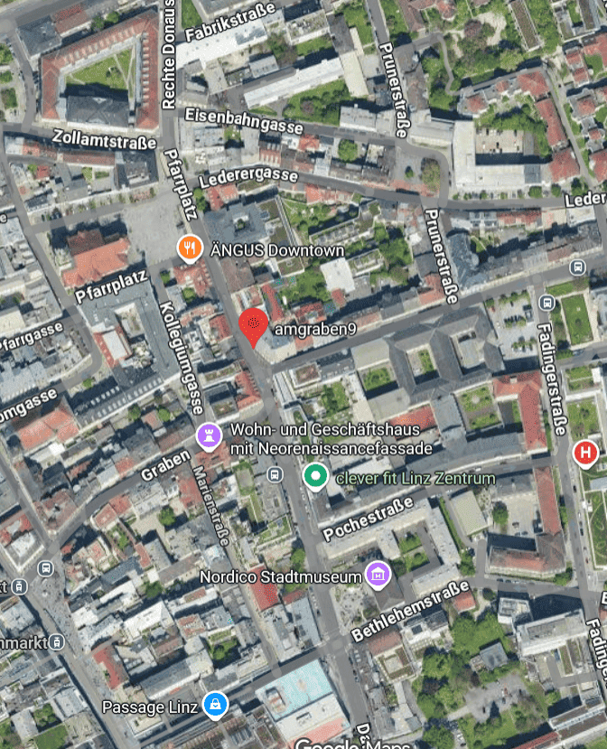 Kontakt für Coachings in Linz, am Graben 9. Standort wird gezeigt.